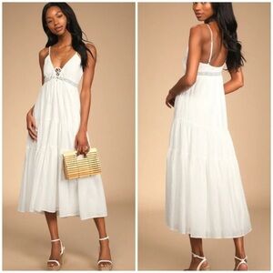 Lulus Out and About White Tiered Lace Up Midi Dress